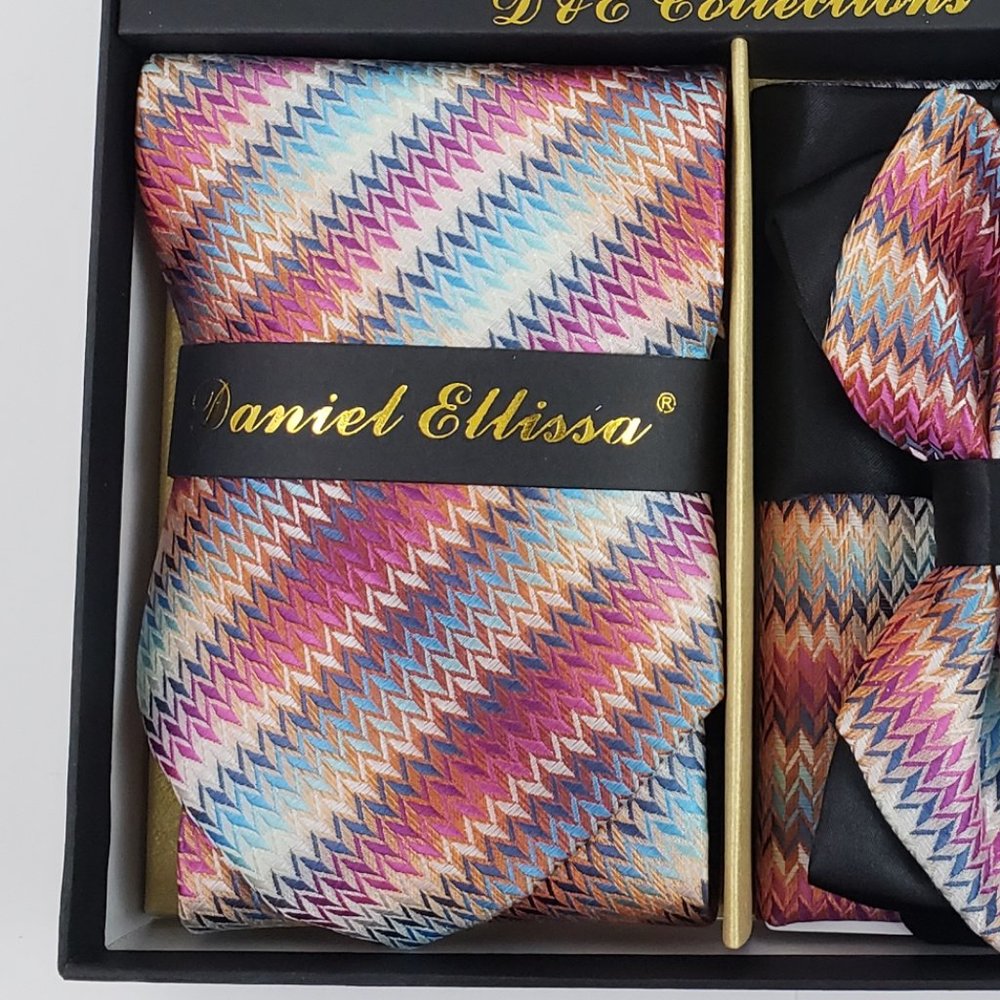 6 Piece Pink Blue Chevron Necktie & Bow Tie Set - Picture 2 of 6